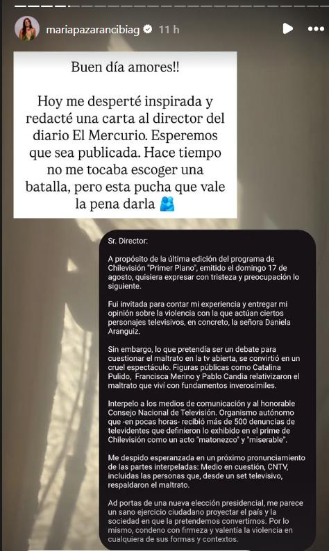 Carta de María Paz Arancibia a El Mercurio - Instagram