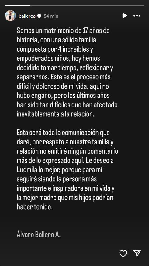 Álvaro Ballero confirmó quiebre con Ludmila Ksenofontova - Instagram