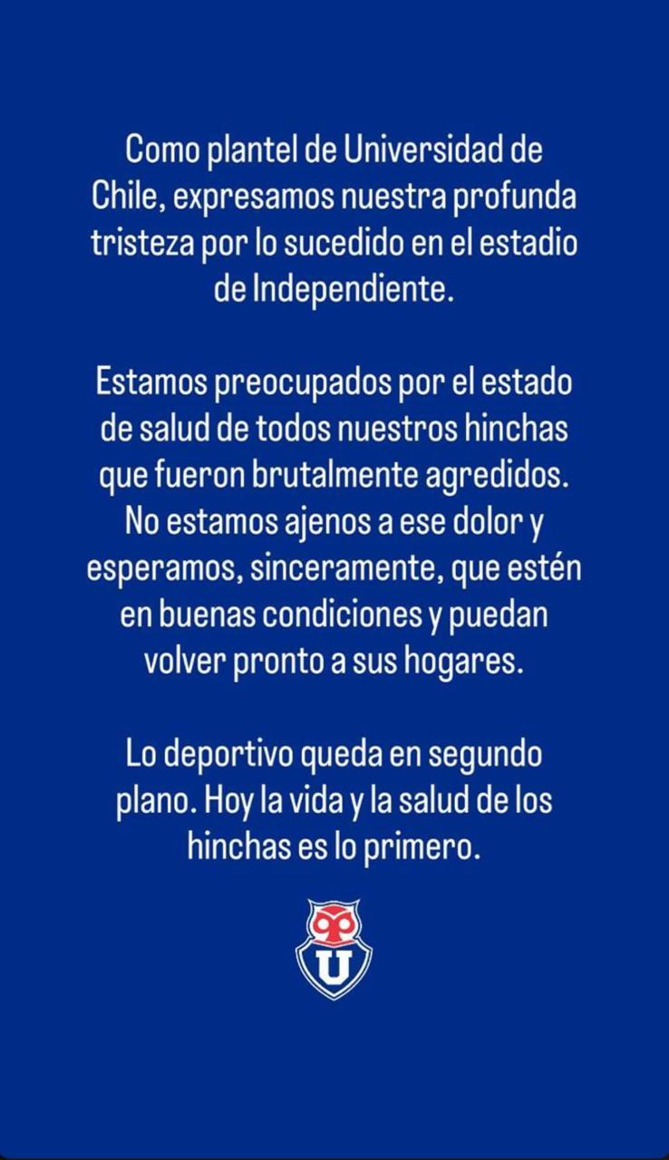 El sentido mensaje del plantel de U de Chile tras graves incidentes en su visita a Argentina - U de Chile