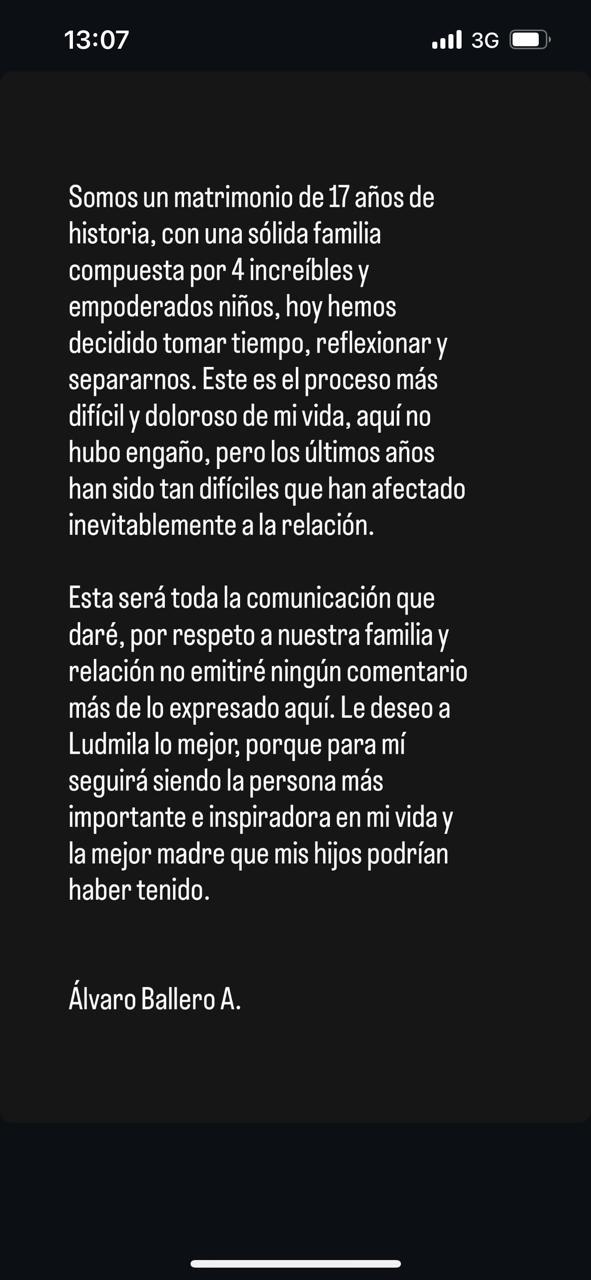 El comunicado de Álvaro Ballero - Instagram