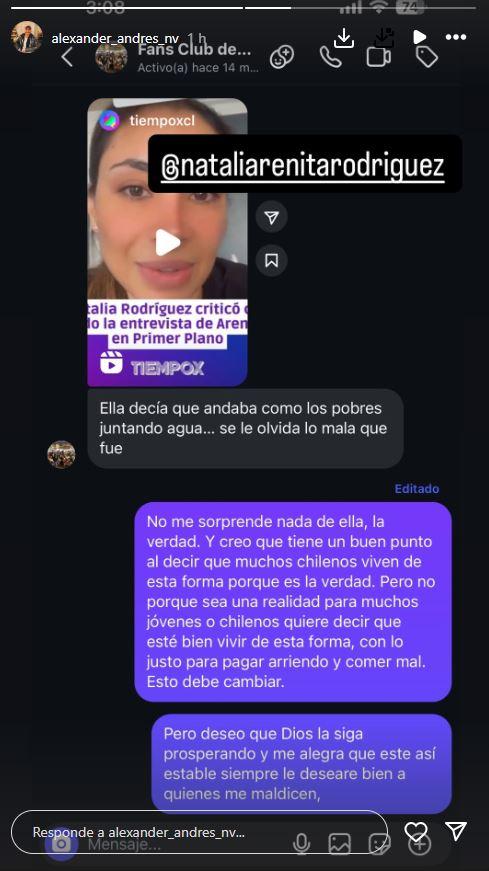 Historia de Arenito respondiendo a Natalia en Instagram