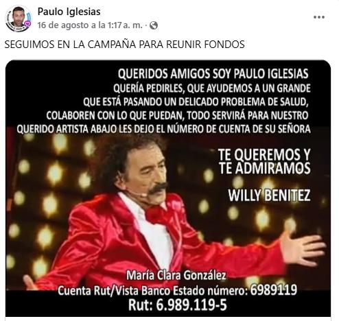 Piden apoyo para comediante chileno Willy Benítez. Créditos: Facebook.