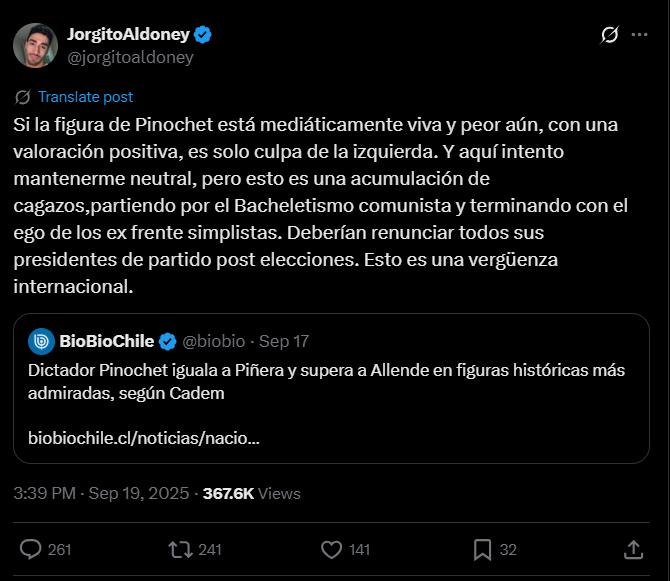 El polémico comentario de Jorge Aldoney en redes sociales - Captura X