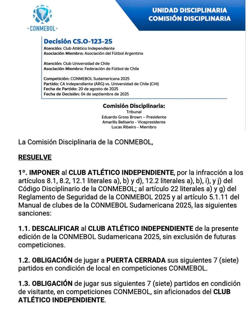 Fallo Conmebol U. de Chile vs Independiente.