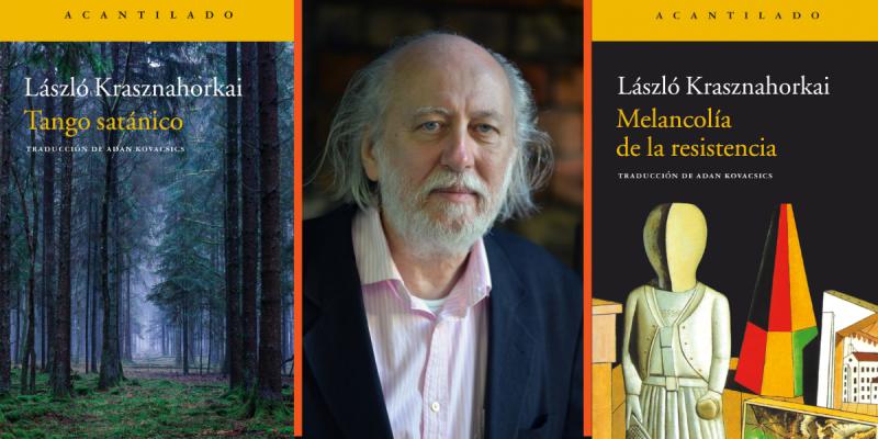 Laszlo Krasznahorkai y sus libros. Créditos: Sitio web krasznahorkai.hu y Editorial Acantilado de España.