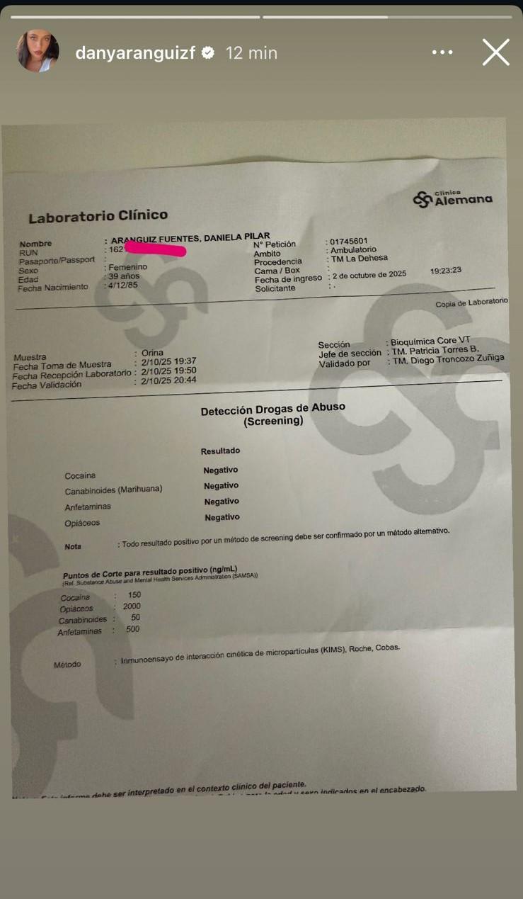 Daniela Aránguiz comparte resultados de su test de droga - Instagram