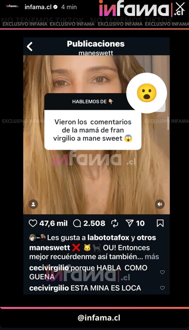 Publicación de Infama sobre comentario de Cecilia Virgilio a Mane Swett | Instagram
