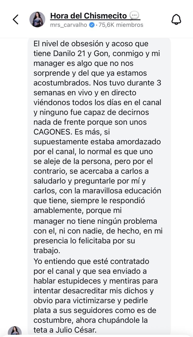 Michelle Carvalho compartió potente descargo contra Danilo 21 - Canal de difusión