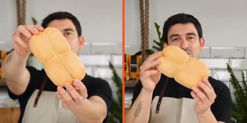 Nicolás Guzmán, conductor de "Hacedores de Pan" con pan marraquetas. Créditos: YouTube 13C.