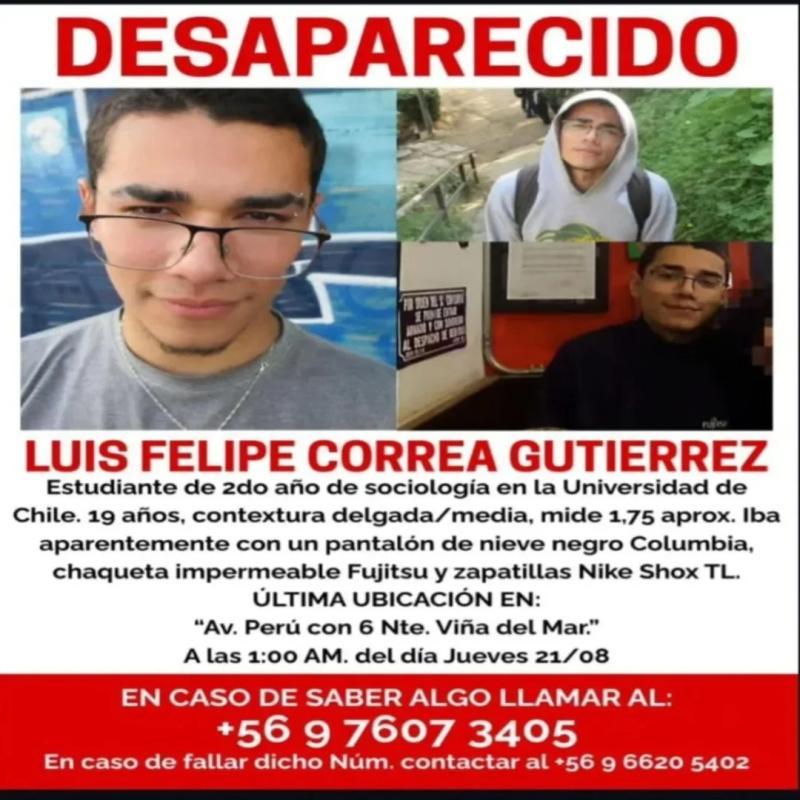 Cartel para masificar la búsqueda de estudiante que estaba desaparecido.