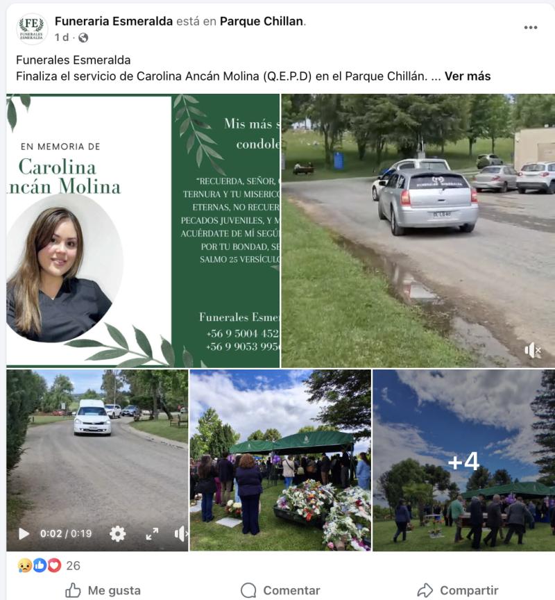 Funeraria publica emotivas fotografías del funeral de Carolina Ancán, nutricionista fallecida en Chillán.