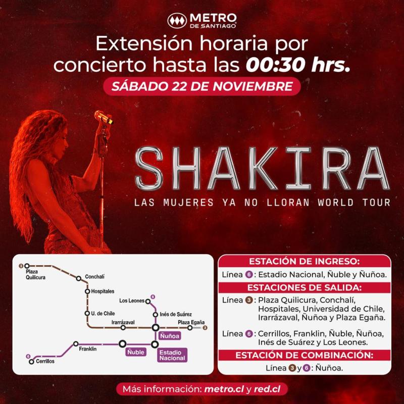 Metro confirma extensión horaria por concierto de Shakira