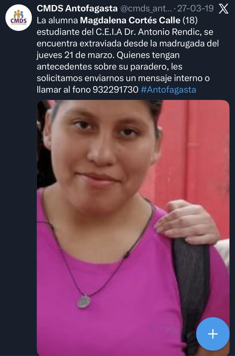 Joven desaparecida en Antofagasta en 2019. Esta foto es del mismo año.