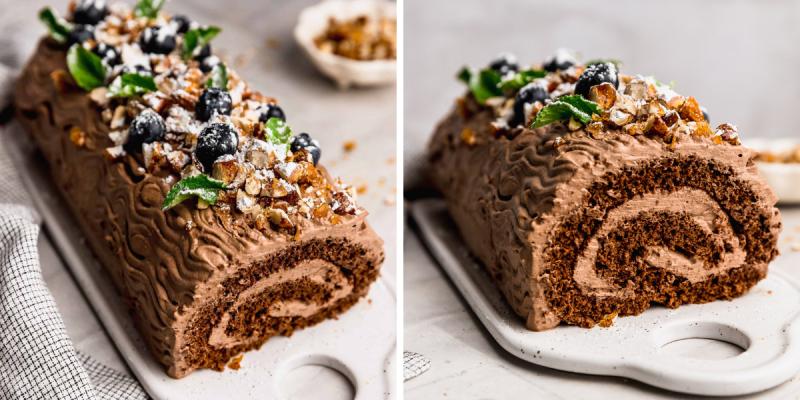 Rollo de chocolate tipo tronco (brazo de reina, pionono). Créditos: Craving Journals de Lorena Salinas