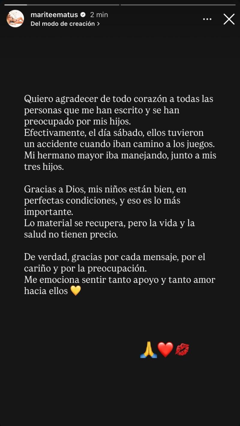 El mensaje de Marité Matus tras accidente de sus hijos con Arturo Vidal - Instagram
