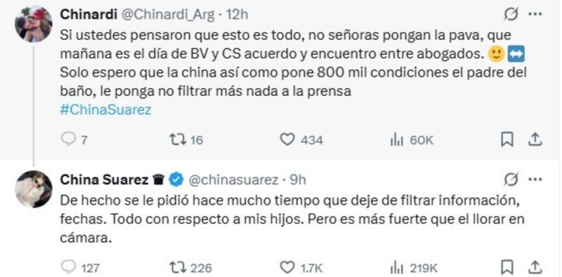 Mensaje de China Suárez sobre Benjamín Vicuña | x
