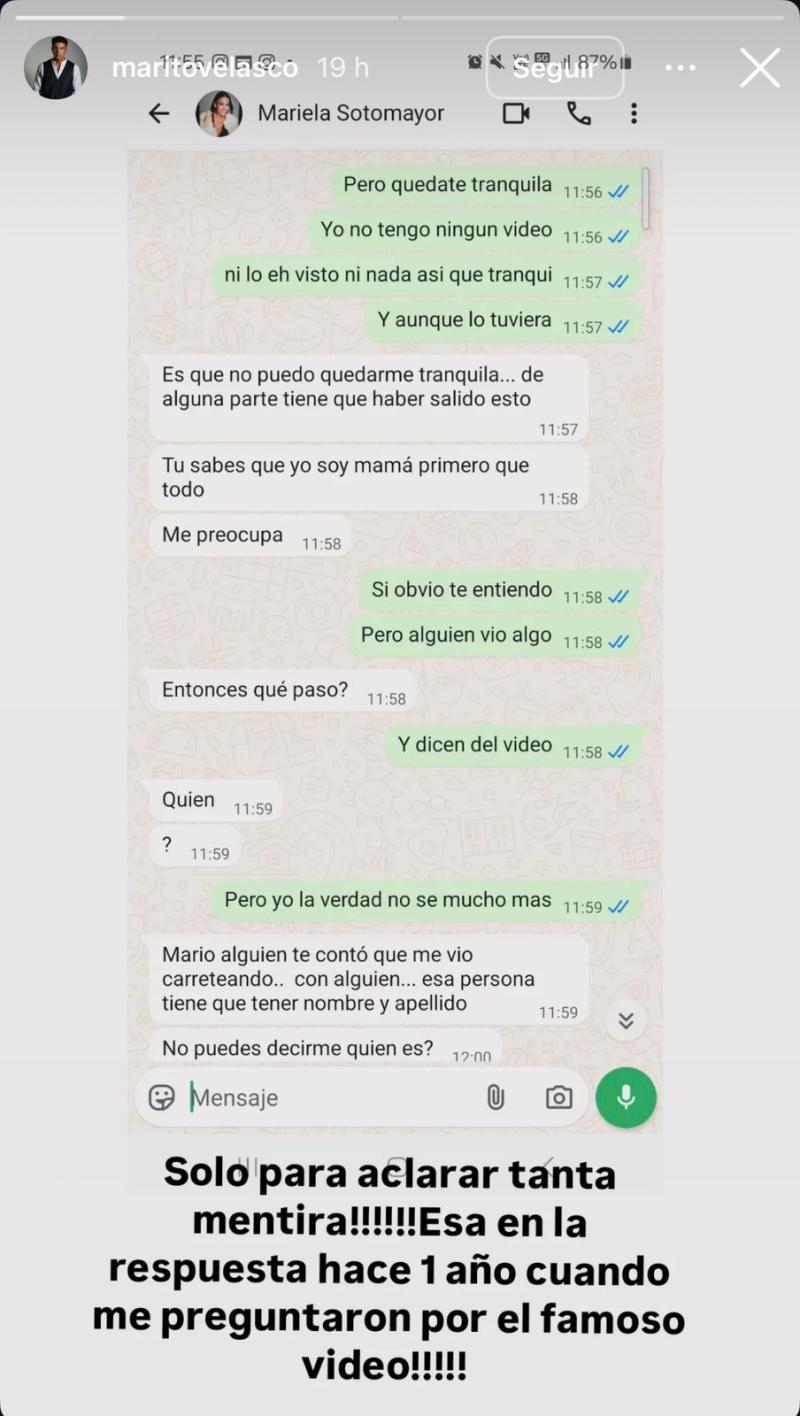 Mario Velasco se defendió mostrando este pantallazo con Mariela Sotomayor - Instagram
