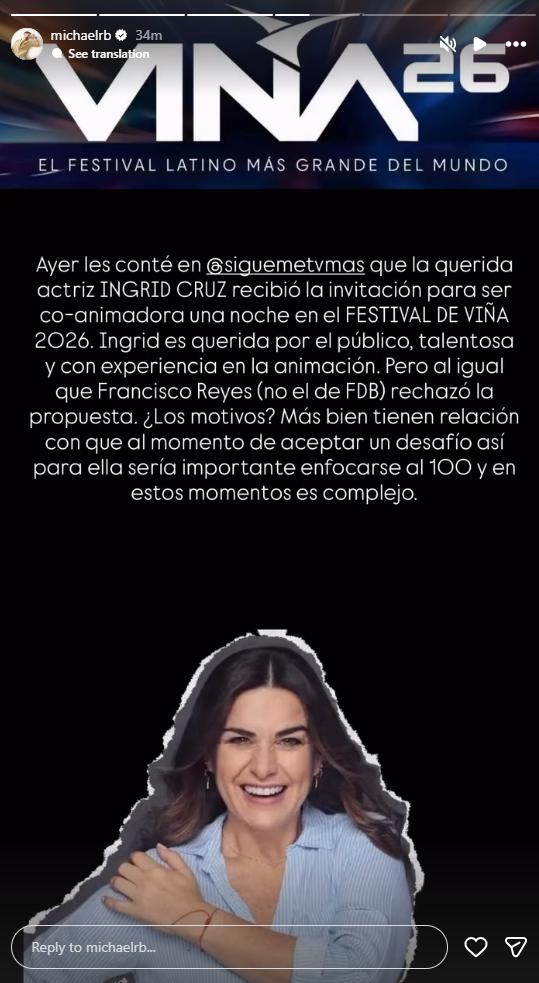Ingrid Cruz invitada a coanimar Viña 2026 | Instagram