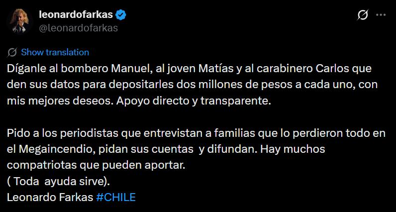 Leonardo Farkas anuncia ayuda para tres afectados por incendios forestales - X