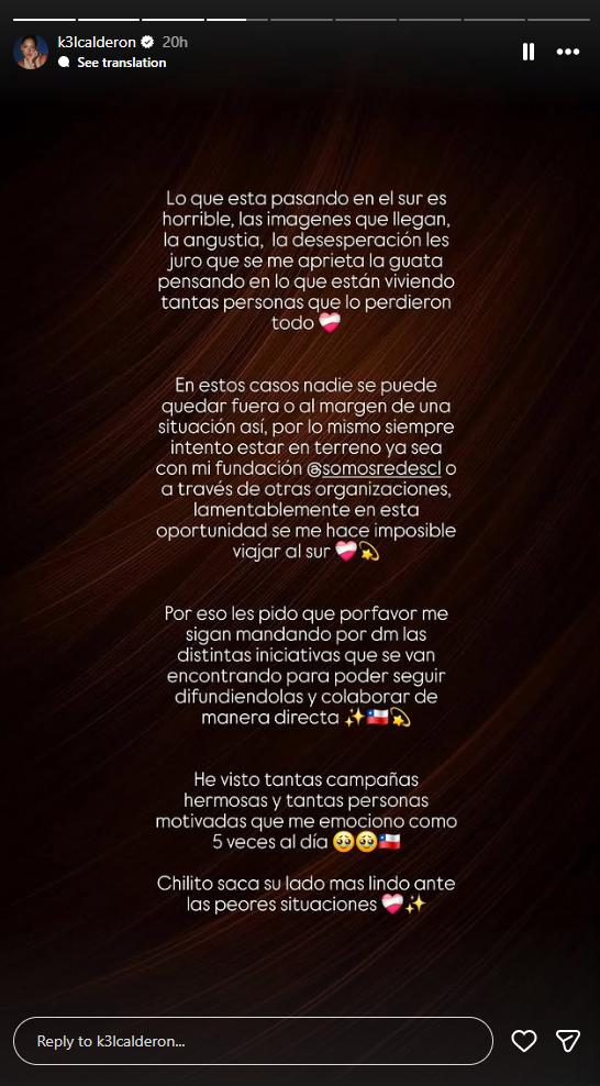 Kel Calderón explica por qué no puede viajar al sur de Chile | Instagram