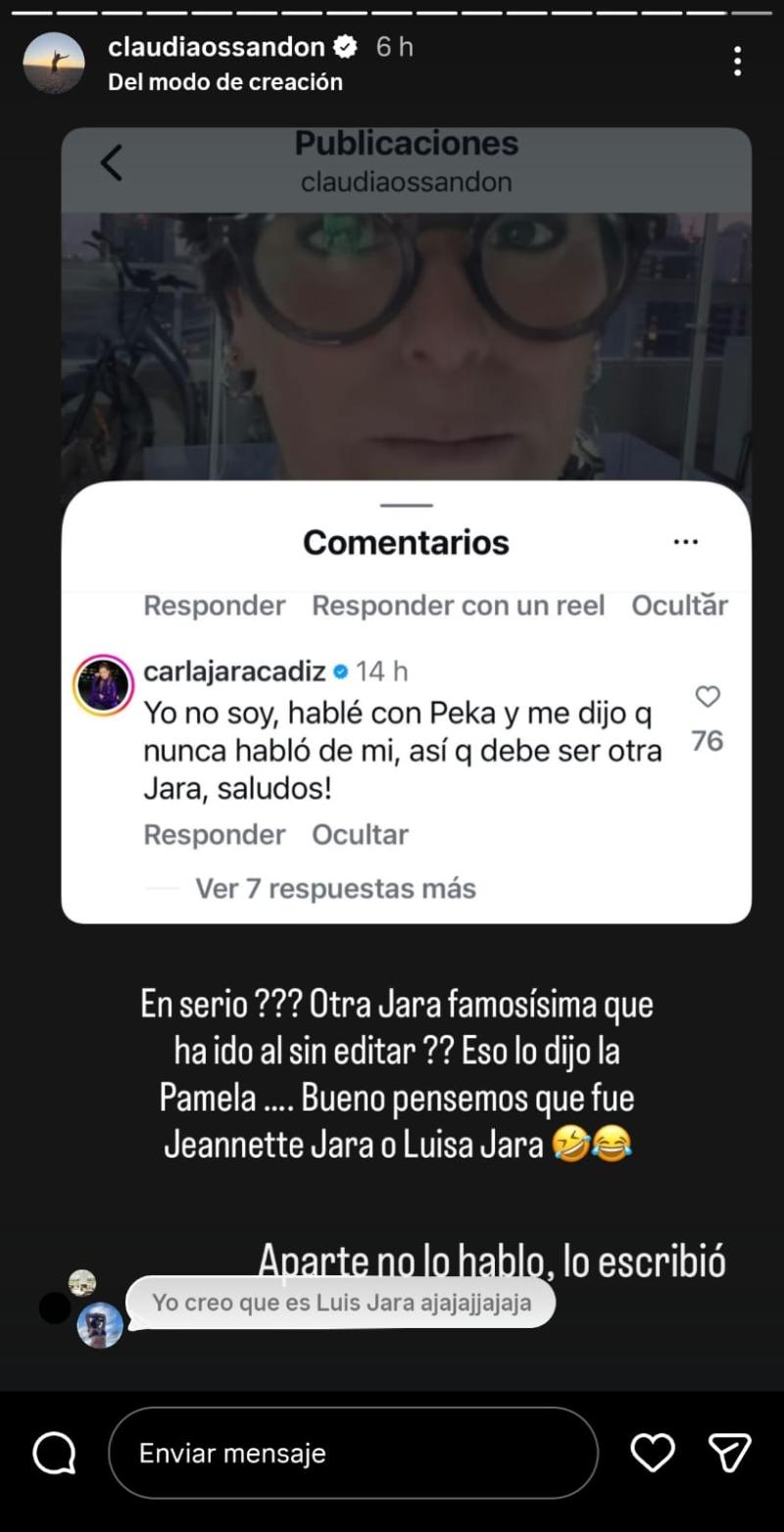 Comentario de Carla Jara en el video de Claudia Ossandón - Instagram