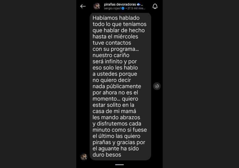 Pantallazo mensaje de Sergio Rojas en su canal de difusión de Instagram tras el fallecimiento de Andrés Caniulef