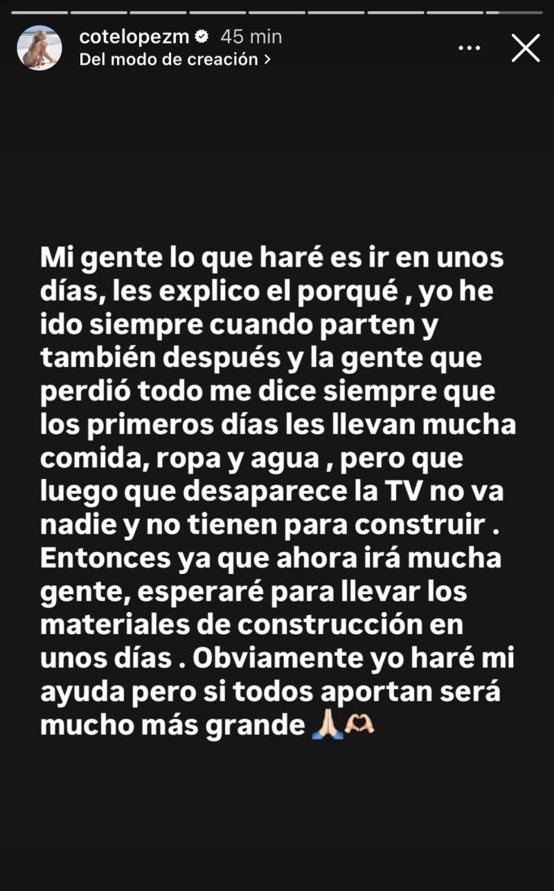 Coté López en Instagram - explica por qué no irá inmediatamente a zona afectada.