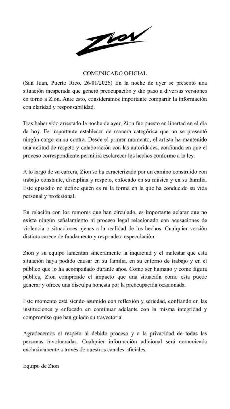 El comunicado que compartió equipo de Zion en redes sociales - Instagram