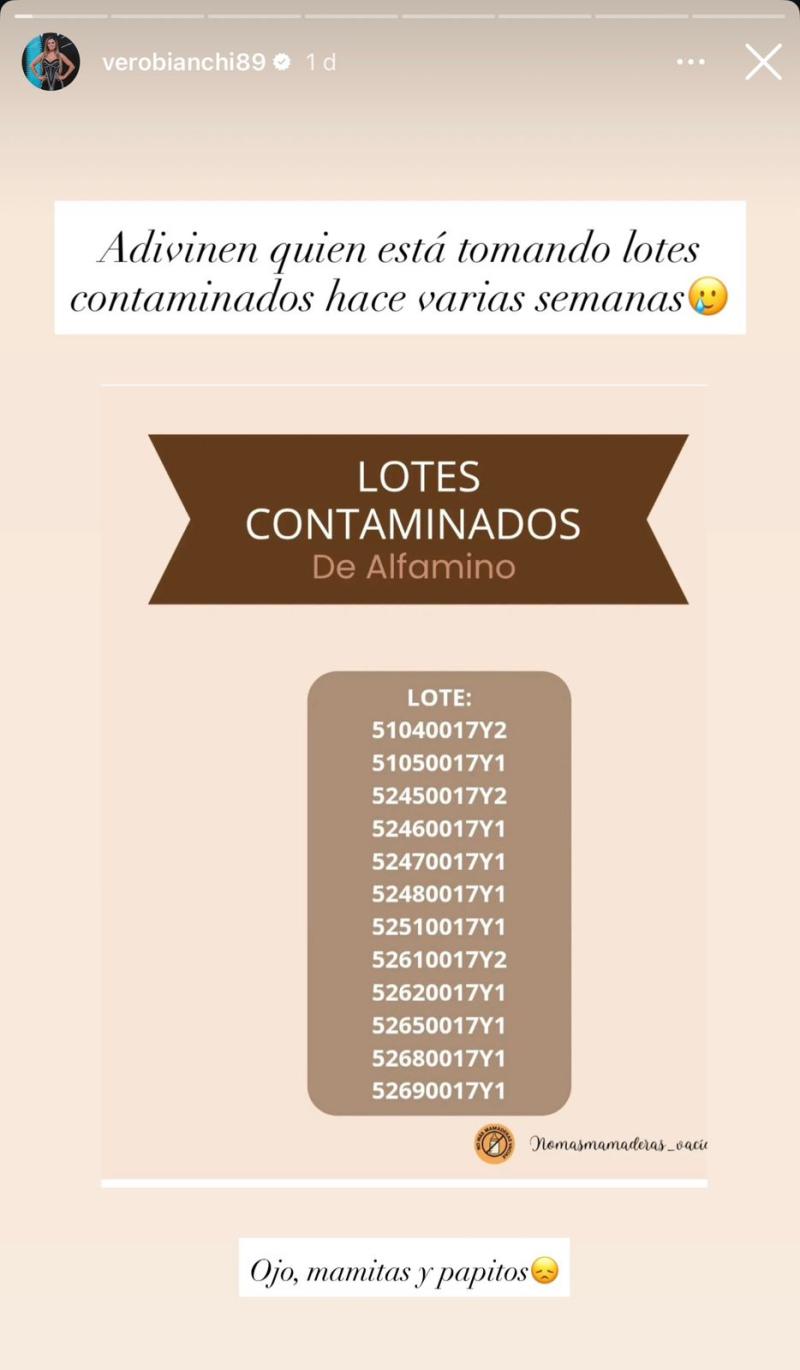 La publicación de Verónica Bianchi con los otros lotes contaminados - Instagram