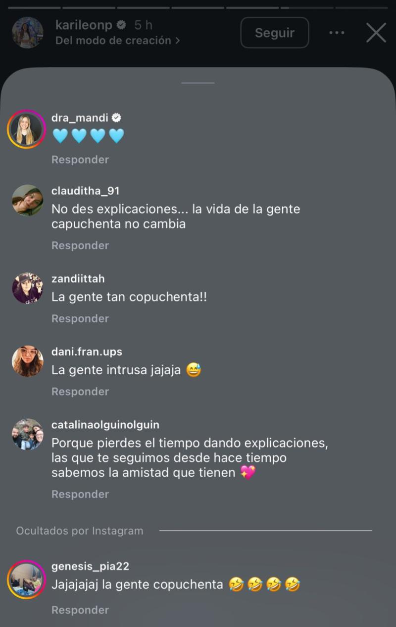 Comentarios en historia de Karina León | Instagram