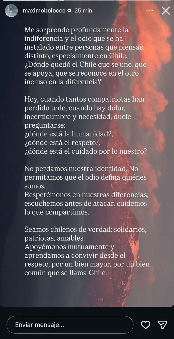 El mensaje de Maximo Bolocco en medio de tragedia en Chile - Instagram
