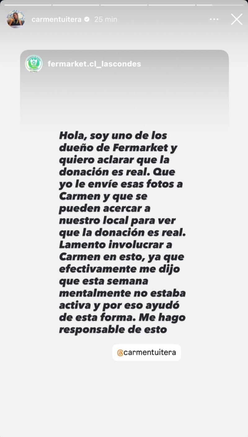 Aclaración de emprendimiento que ofreció donaciones junto a Carmen Tuitera - Instagram