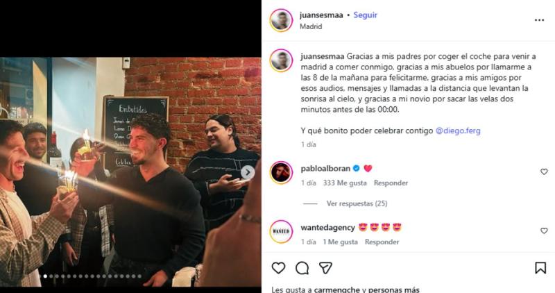 Juan Sesma celebrando su cumpleaños número 27 junto a Pablo Alborán