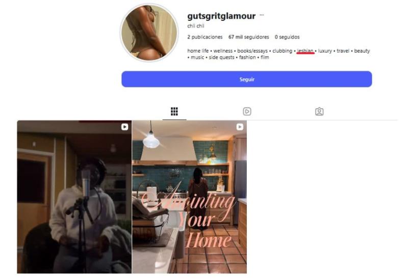 El Instagram secundario de Doechii @gutsgritglamour donde sale "lesbian" es su biografía