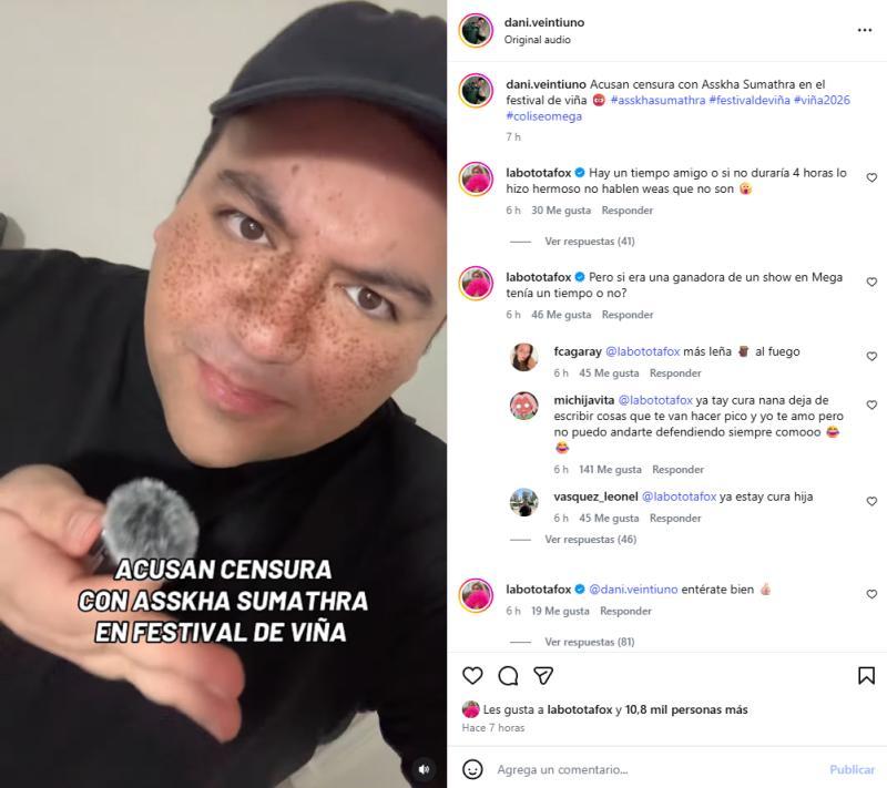 Botota Fox comenta en post de Danilo 21 sobre show de Asskha Sumathra en Viña 2026 | Instagram