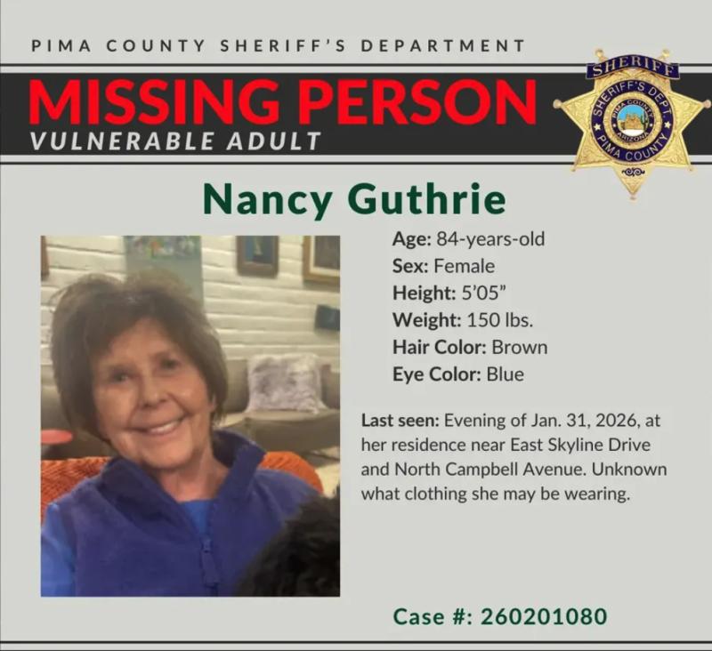 La publicación del Sheriff del condado de Pima, por la desaparición de Nancy Guthrie/X