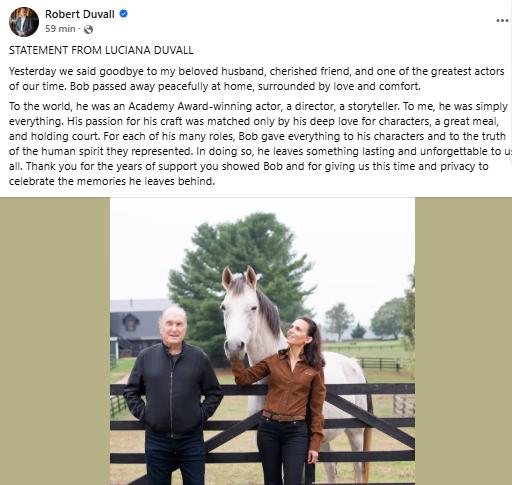 Captura del mensaje de Facebook de Luciana Pedraza por la muerte de Robert Duvall