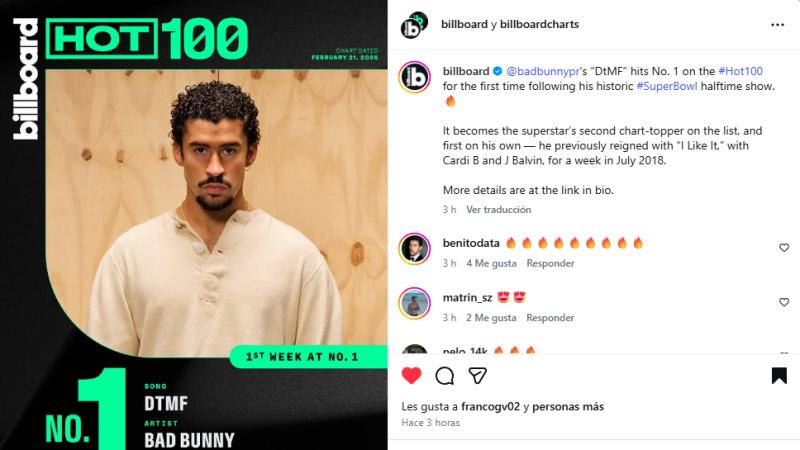 Bad Bunny es el cuarto número 1 en la historia del Hot 100 en español - BillBoard
