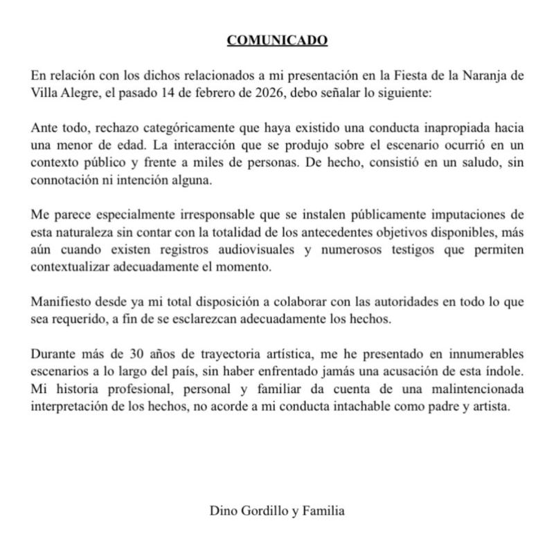 Comunicado de Dino Gordillo en Instagram.