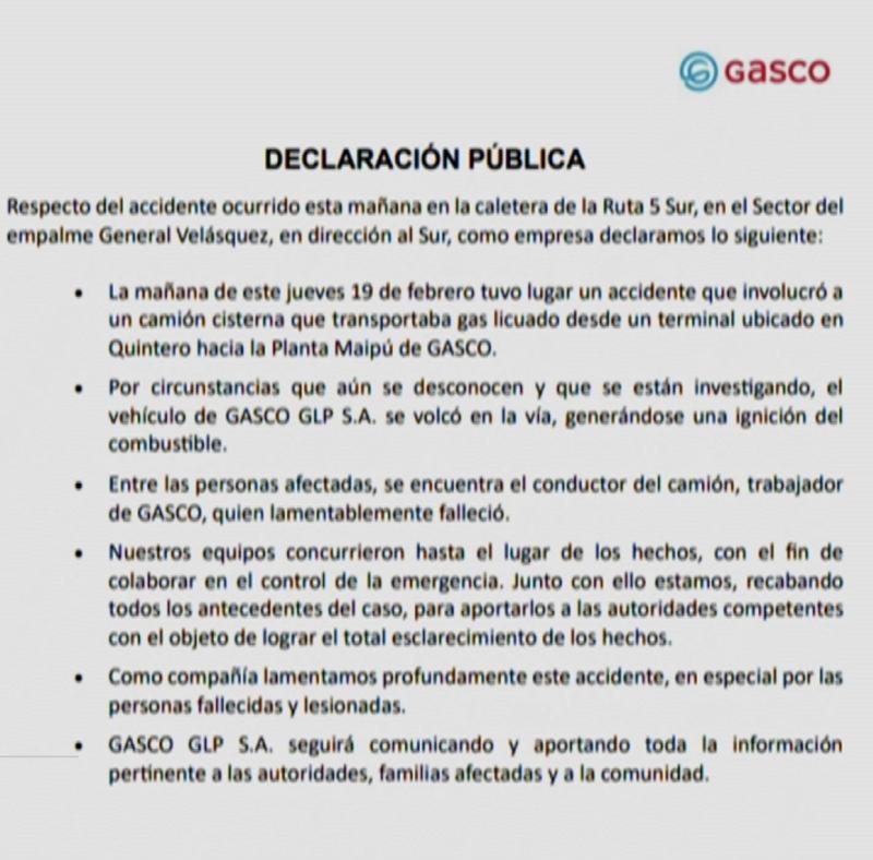 Comunicado de Gasco sobre fallecimiento de conductor fallecido en Renca.