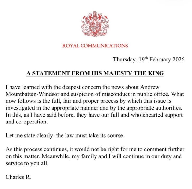 Comunicado oficial del rey Carlos II ante el arresto de su hermano Andrés Mountbatten-Windsor.