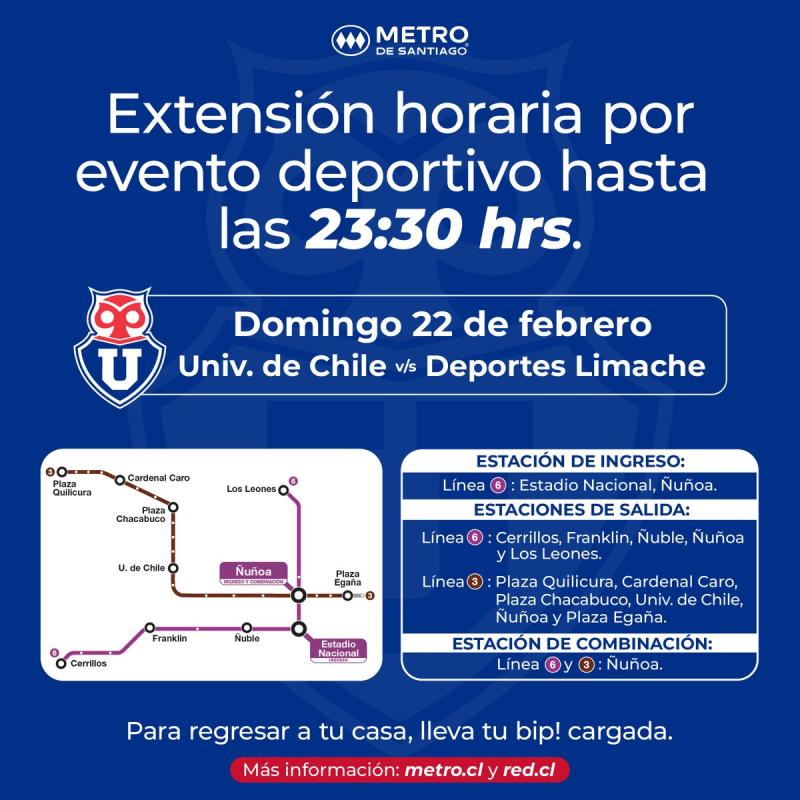 Metro anuncia extensión horaria por partido de la U ante Limache