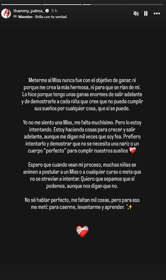 Historia de Instagram de Thammy Palma donde explica su motivación para ser candidata el Miss Universo Ñuñoa