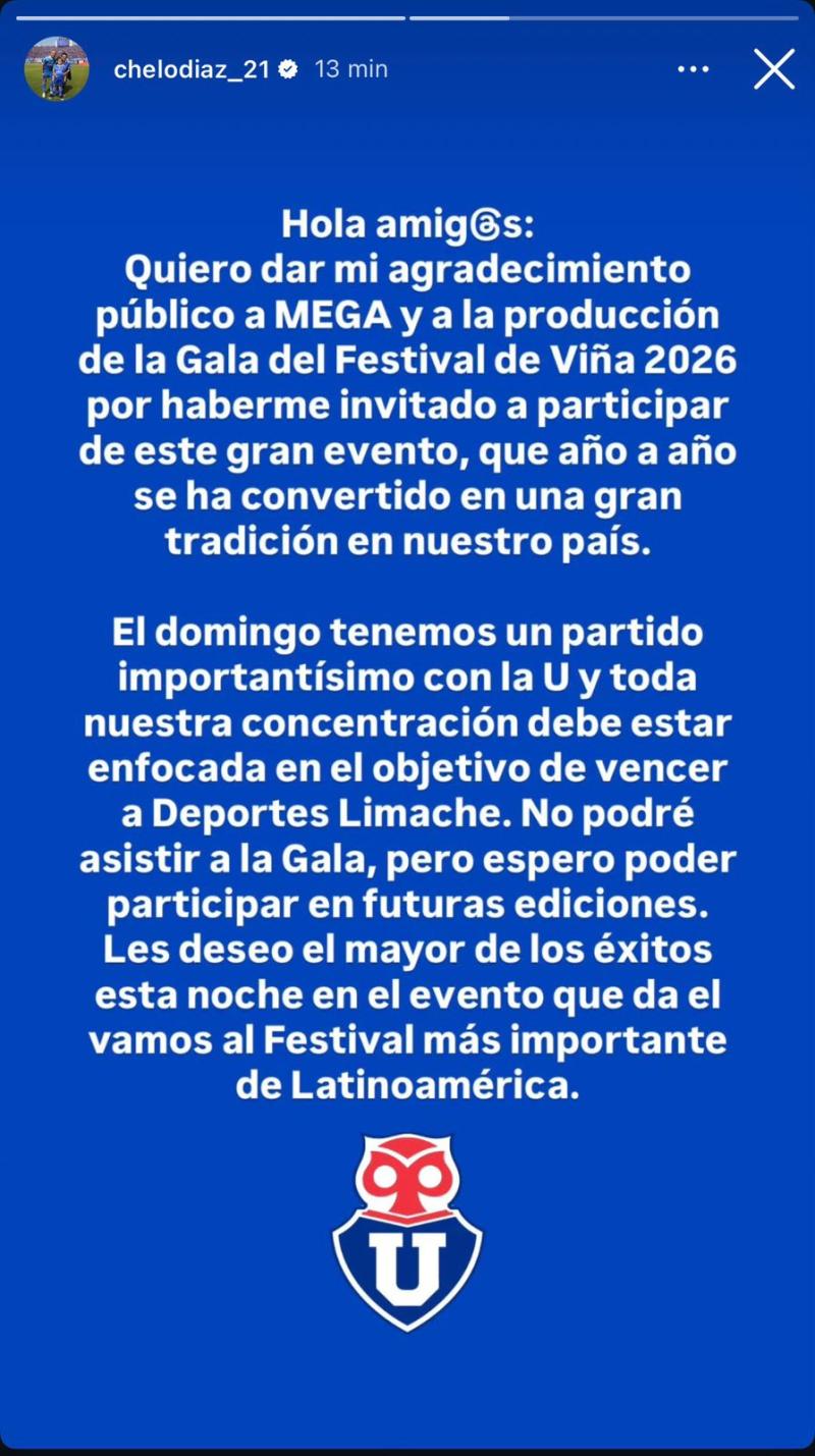 Marcelo Díaz anuncia que se baja de la Gala de Viña 2026 - Instagram