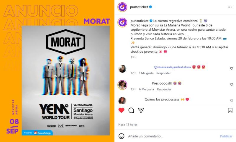 Anuncio de PuntoTicket por Morat Chile 2026
