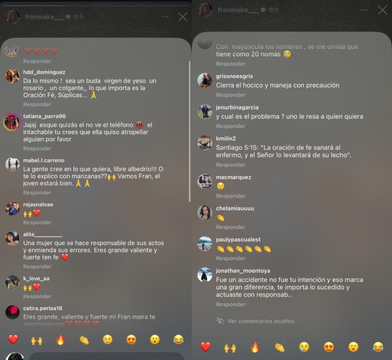 Comentarios por mensaje de Fran Maira a joven que atropelló | Instagram
