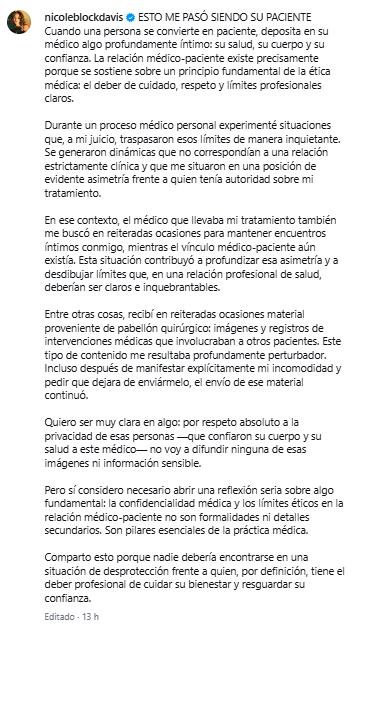 Denuncia de Nicole Block | Instagram