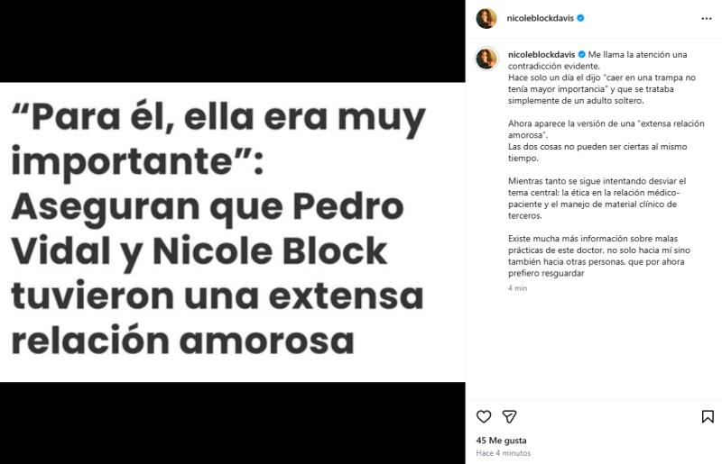 Nicole Block entrega su versión sobre su relación con el doctor Vidal | Instagram