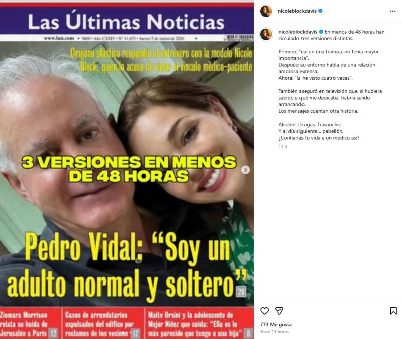 Réplicas de Nicole Block tras declaraciones del Dr. Vidal | Instagram