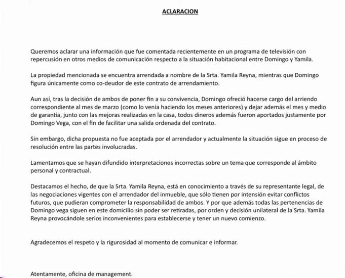 El comunicado que entregó la defensa de Américo tras rumores de problemas económicos de Yamila Reyna - Captura Hay que decirlo